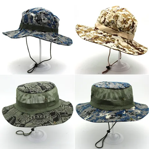 Outdoor Camouflage Boonie Hat Wide Brim Sun Protection Bucket Hat With Windproof Rope Breathable Mesh Fishing Hiking Hat