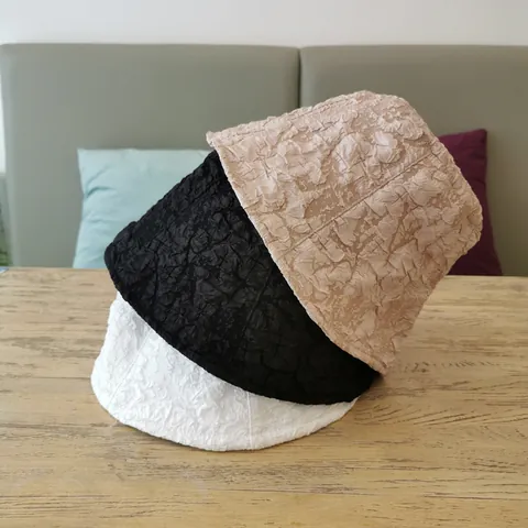 Women Wrinkled Texture Bucket Hat Solid Color Foldable Cotton Sun Protection Summer Sun Hat Casual Basin Hat Outdoor Travel
