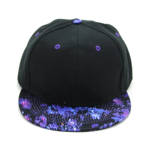 Casquette de Baseball Unisexe à Bord Plat Imprimé Galaxie Ciel Étoilé en Coton Noir Ajustable Snapback Hip Hop