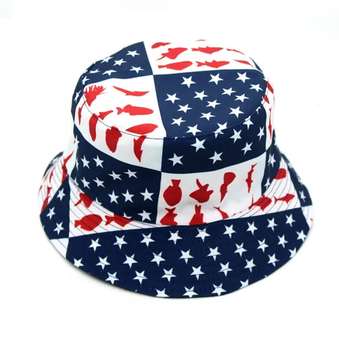 Cappello da Pescatore in Cotone con Stampa Bandiera Americana Stelle e Strisce Parasole Outdoor Casual Hip Hop