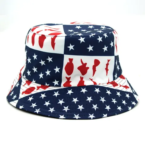 Cappello da Pescatore in Cotone con Stampa Bandiera Americana Stelle e Strisce Parasole Outdoor Casual Hip Hop