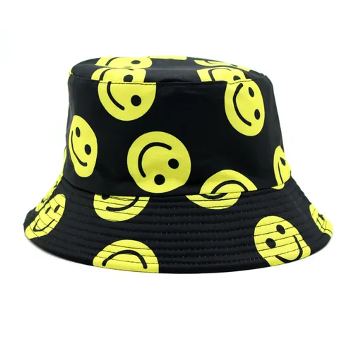 Reversible Cotton Bucket Hat With Smile Face Print For Men Women Sunshade Outdoor Casual Fashion Streetwear Sun Hat
