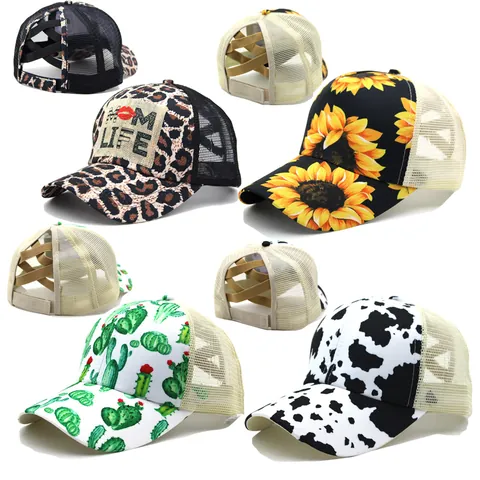 Women Ponytail Baseball Cap Mesh Breathable Cross Band Trucker Hat Leopard Sunflower Printed Sunshade Outdoor Adjustable Cotton Hat