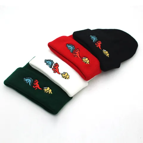 Cartoon Dinosaur Embroidery Knit Beanie Hat For Men Women Autumn Winter Warm Cuffed Knitted Pullover Skull Cap
