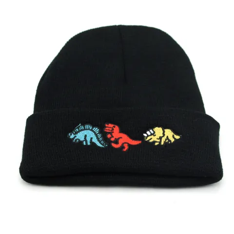 Cartoon Dinosaur Embroidery Knit Beanie Hat For Men Women Autumn Winter Warm Cuffed Knitted Pullover Skull Cap