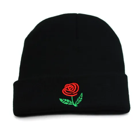 Berretto da Donna in Maglia Invernale Con Ricamo Rosa Caldo Morbido Filato Skull Cap Floreale Ricamato Berretto Con Risvolto Per Outdoor Quotidiano