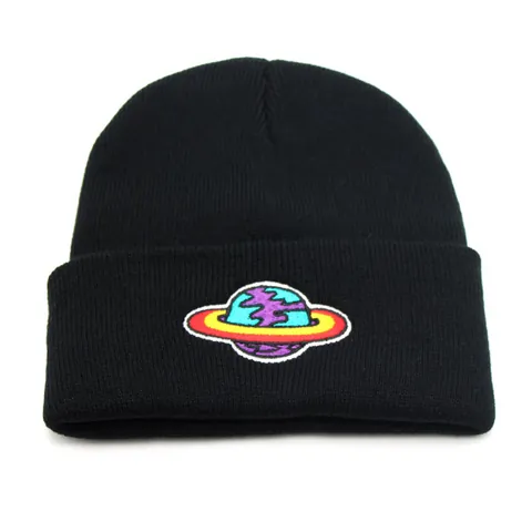 Planet Embroidered Knit Beanie Hat Unisex Autumn Winter Warm Cuffed Beanie Streetwear Hip Hop Pullover Ribbed Skull Cap