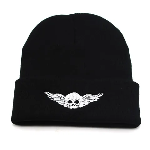 Berretto in Maglia Con Ricamo Ali di Teschio per Uomo Donna Autunno Inverno Caldo Cappello di Lana Outdoor Ski Nero