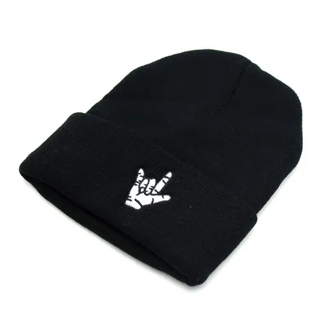 Bonnet En Tricot Chaud D'hiver Unisexe Avec Broderie Geste De La Main Couleur Unie Côtes Souples Revers Calotte Pour Extérieur