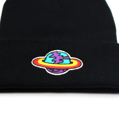 Planet Embroidered Knit Beanie Hat Unisex Autumn Winter Warm Cuffed Beanie Streetwear Hip Hop Pullover Ribbed Skull Cap