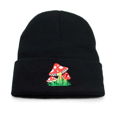 Casual Mushroom Embroidered Knit Beanie For Men Women Autumn Winter Warm Soft Cuffed Skull Cap Slouchy Knit Hat