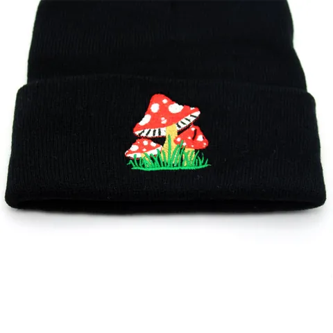 Casual Mushroom Embroidered Knit Beanie For Men Women Autumn Winter Warm Soft Cuffed Skull Cap Slouchy Knit Hat