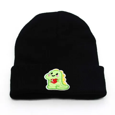 Winter Warm Knitted Beanie Hat With Cartoon Dinosaur Heart Embroidery Soft Woolen Yarn Cap For Men Women Casual Outdoor