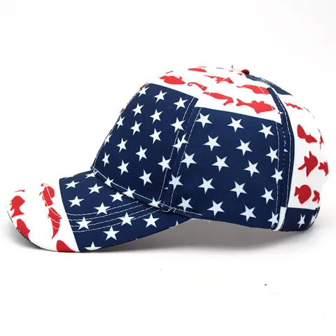 Berretto da Baseball con Stampa Pesce Stelle e Strisce Bandiera USA Cotone Regolabile Cappello da Sole per Uomo Donna Pesca