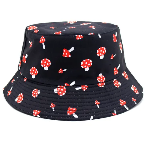 Unisex Baumwolle Pilz Druck Fischerhut Beidseitig Sonnenschutz Outdoor Mode Fischerhut Für Herren Damen Schwarz