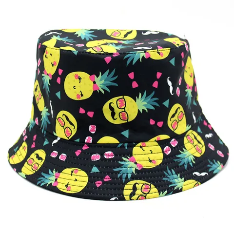Chapeau Bob Réversible Imprimé Ananas Dessin Animé Unisexe en Coton Protection Solaire pour Voyage Extérieur Plage Homme Femme