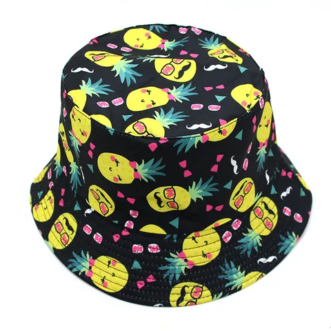 Chapeau Bob Réversible Imprimé Ananas Dessin Animé Unisexe en Coton Protection Solaire pour Voyage Extérieur Plage Homme Femme