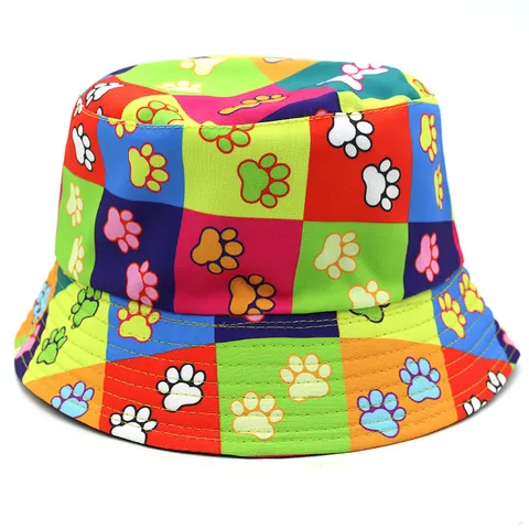 Cute Cartoon Animal Paw Print Reversible Bucket Hat Cotton Polyester Multicolor Checkered Sun Protection Outdoor Casual Fisherman Hat For Men Women
