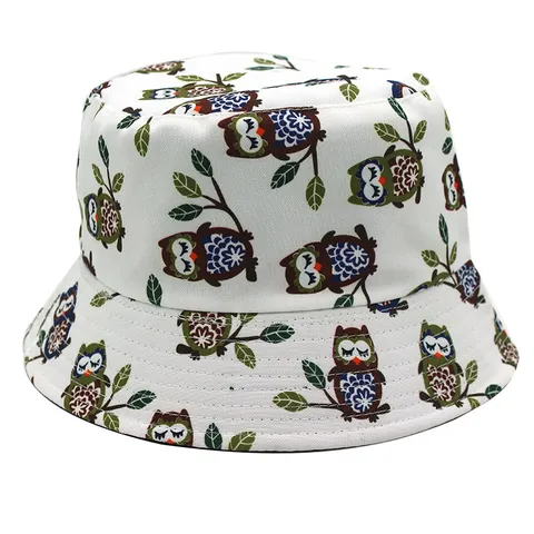 Reversible Cartoon Owl Print Bucket Hat For Women Men Sun Protection Breathable Cotton Polyester Fisherman Hat Outdoor Beach