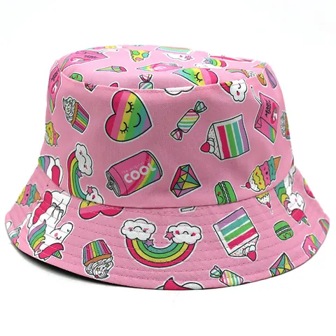 Double Sided Cartoon Unicorn Rainbow Print Bucket Hat Cotton Polyester Reversible Sun Protection Outdoor Travel Fisherman Hat For Kids
