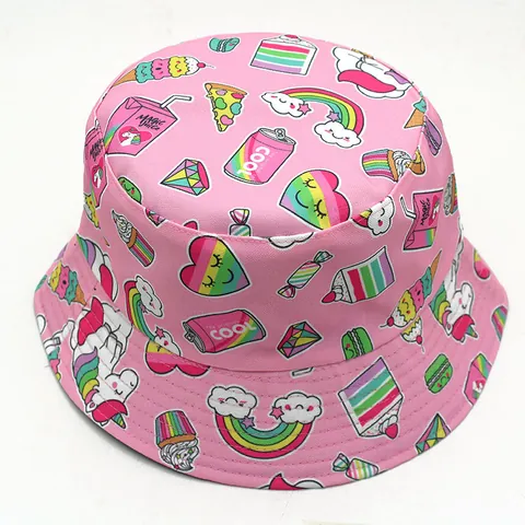 Double Sided Cartoon Unicorn Rainbow Print Bucket Hat Cotton Polyester Reversible Sun Protection Outdoor Travel Fisherman Hat For Kids