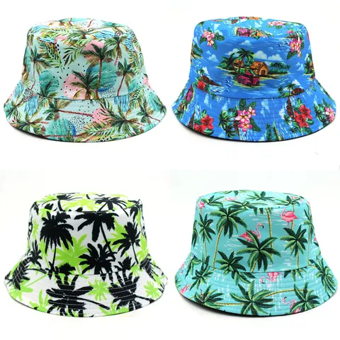Unisex Cotton Reversible Bucket Hat Tropical Coconut Tree Flamingo Print Summer Outdoor Beach Sun Protection Basin Hat