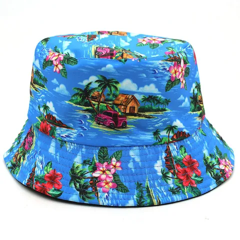 Unisex Cotton Reversible Bucket Hat Tropical Coconut Tree Flamingo Print Summer Outdoor Beach Sun Protection Basin Hat