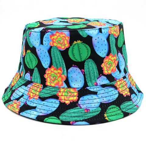 Unisex Reversible Bucket Hat Cactus Floral Print Cotton Sun Protection Fisherman Hat Outdoor Summer Casual Beach Travel