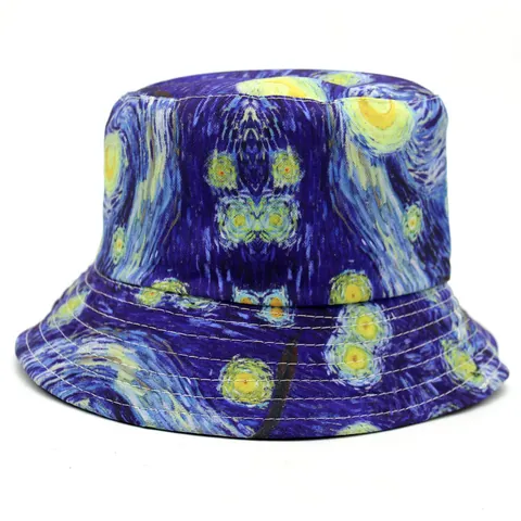 Van Gogh Starry Night Oil Painting Print Bucket Hat Cotton Reversible Sun Shade Fisherman Hat For Men Women Artistic Outdoor Hat