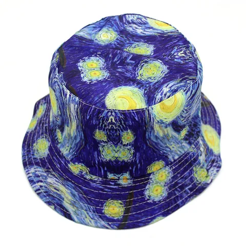 Van Gogh Starry Night Oil Painting Print Bucket Hat Cotton Reversible Sun Shade Fisherman Hat For Men Women Artistic Outdoor Hat