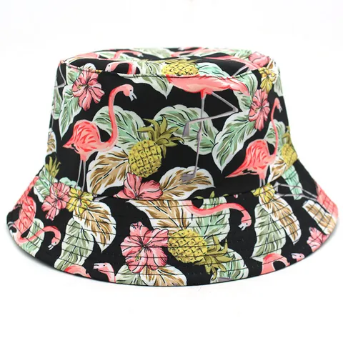Bob Imprimé Tropical Flamant Rose Ananas Coton Réversible Protection Solaire Plage Extérieur Chapeau de Vacances Hommes Femmes