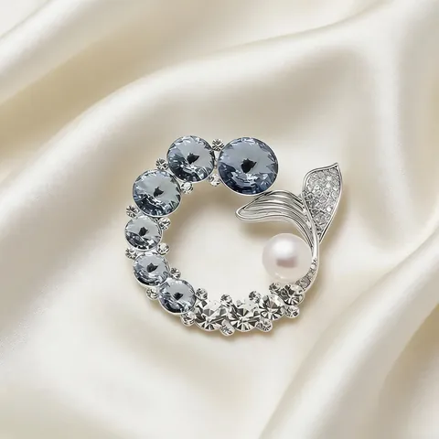 Exquisite Meerjungfrauenschwanz Künstliche Perlen Brosche Silber Legierung Blau Strass Kristall Ozean Thema Pin Für Damen Hochzeit Schmuck