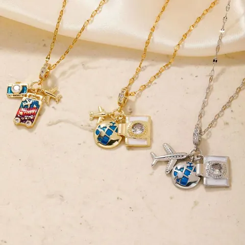 Reise Thema Kupfer Zirkonia Anhänger Halskette Für Damen Flugzeug Globus Kamera Koffer Emaille Mode Schmuck Geschenk