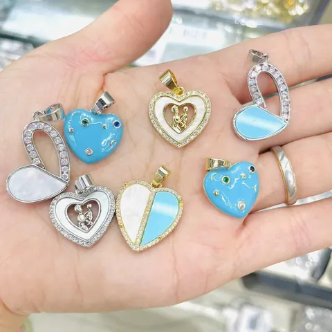 18K Vergoldeter Kupfer Herz Anhänger Mit Zirkonia Emaille Perlmutt Für Halsketten Damen Schmuck Zubehör Geschenk