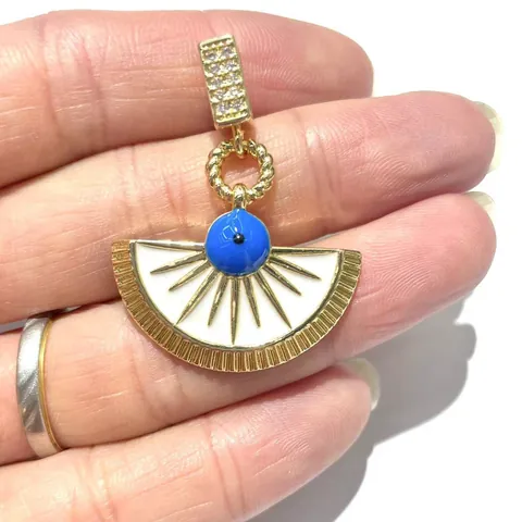 Vintage Evil Eye Pendant Micro Inlaid Zirconia Enamel Sunburst Fan Shaped Copper Jewelry Accessory For Women Necklaces Pendant Only (Without Chain)