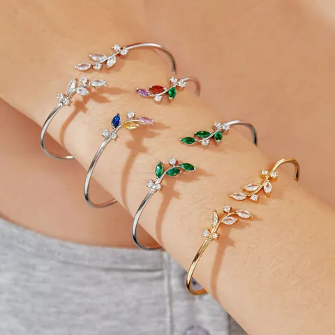 Weidenzweig Blatt Offener Armreif Armband Gold Silber Vergoldet Legierung Bunte Zirkonia Eingelegt Mode Schmuck Für Damen