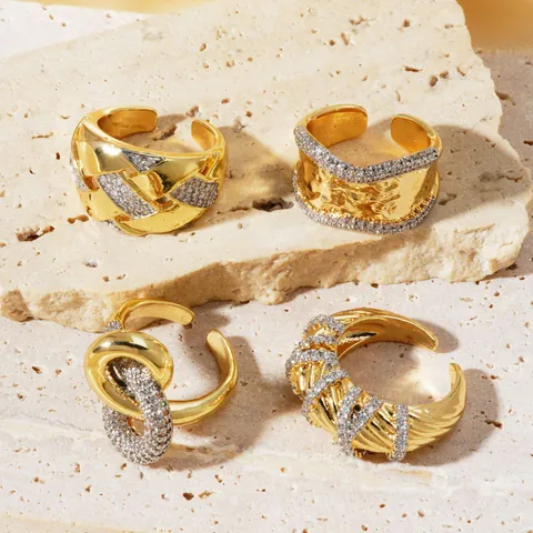 Luxus Kupfer Einstellbarer Offener Ring Für Damen Gold Plattiert Zweifarbig Gehämmert Geflochten Zirkonia Fingerring Mode