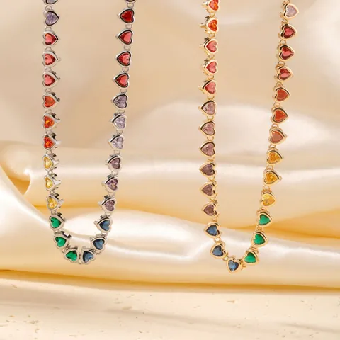 Fashion Copper Heart Shaped Colorful Zirconia Necklace Rainbow Tennis Chain Hip Hop Jewelry For Women Party Gift Gold Silver Plated