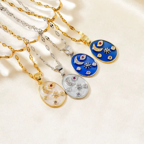 Himmlische Emaille Böser Blick Stern Mond Anhänger Halskette Kupfer Gold Silber Plattiert Zirkonia Mystischer Schmuck Für Damen Alltag Party Geschenk