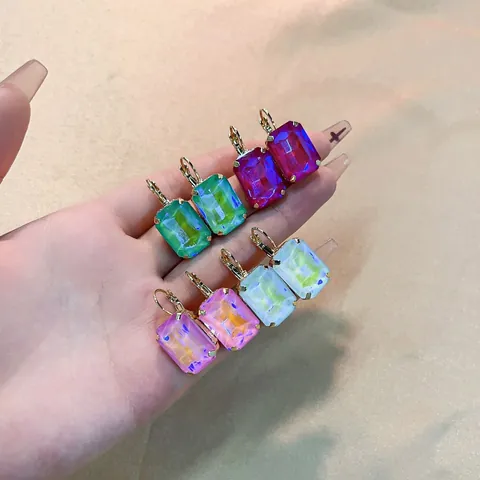 Rectangular Colorful Zirconia Drop Earrings For Women 18K Gold Plated Copper Geometric Leverback Earrings Elegant Vintage Jewelry Gift