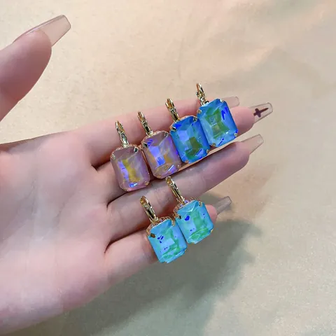 Rectangular Colorful Zirconia Drop Earrings For Women 18K Gold Plated Copper Geometric Leverback Earrings Elegant Vintage Jewelry Gift