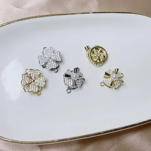 Rotating Copper Zirconia DIY Jewelry Accessories Faux Artificial Pearl Clover Windmill Flower Pendant Connectors For Necklace Making Women
