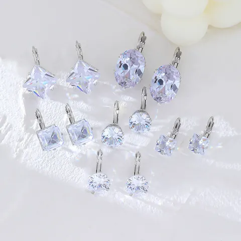 Elegant Leverback Drop Earrings Copper With Round Square Oval Zircon Crystal Geometric Fashion Jewelry For Women
