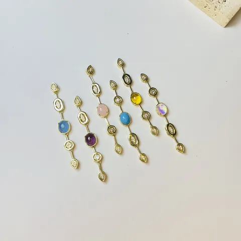 Kupfer Zirkonia Geometrischer Langer Anhänger DIY Schmuckzubehör Vergoldeter Bunter Ovaler Edelstein Verbinder Für Halskette Damen