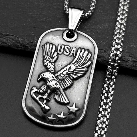 Vintage Stainless Steel Men's Eagle Pendant Necklace Military USA Flag Dog Tag With Box Chain Jewelry Gift For Men