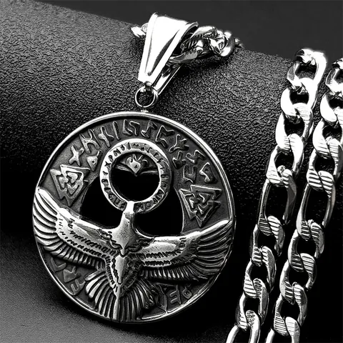 Viking Nordic Rune Eagle Pendant Necklace For Men Stainless Steel Retro Mythology Valknut Round Amulet Jewelry Accessory