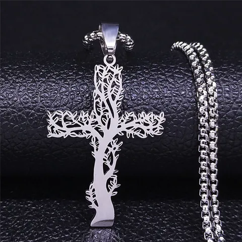 Collier Pendentif Croix en Acier Inoxydable Vintage Avec Arbre de Vie Design Creux Bijoux Hip Hop Pour Hommes Femmes