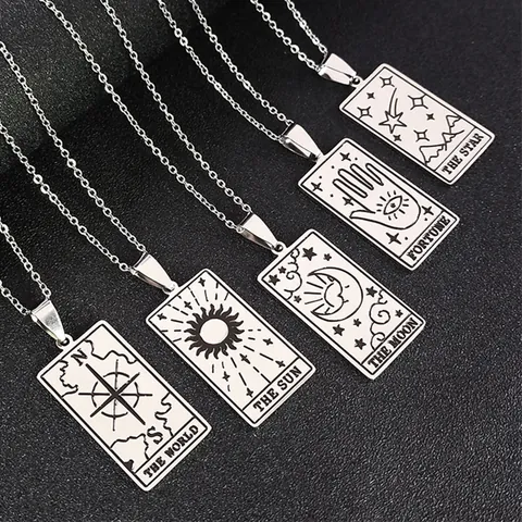 Vintage Tarot Card Pendant Necklace Stainless Steel Silver Laser Etched Moon Sun Star World Fortune Charm Jewelry Gift For Men Women