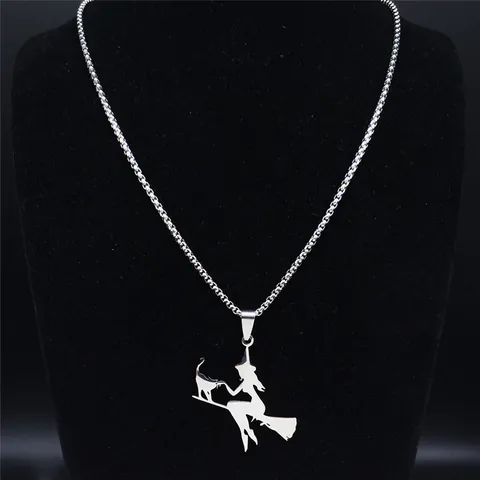 Stainless Steel Witch Riding Broom With Cat Silhouette Pendant Necklace Gothic Halloween Jewelry Magic Witchy Box Chain For Women Men