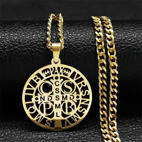 Stainless Steel St Benedict Medal Pendant Necklace Religious Cross Round Hollow Hip Hop Jewelry For Men Women Daily Gift